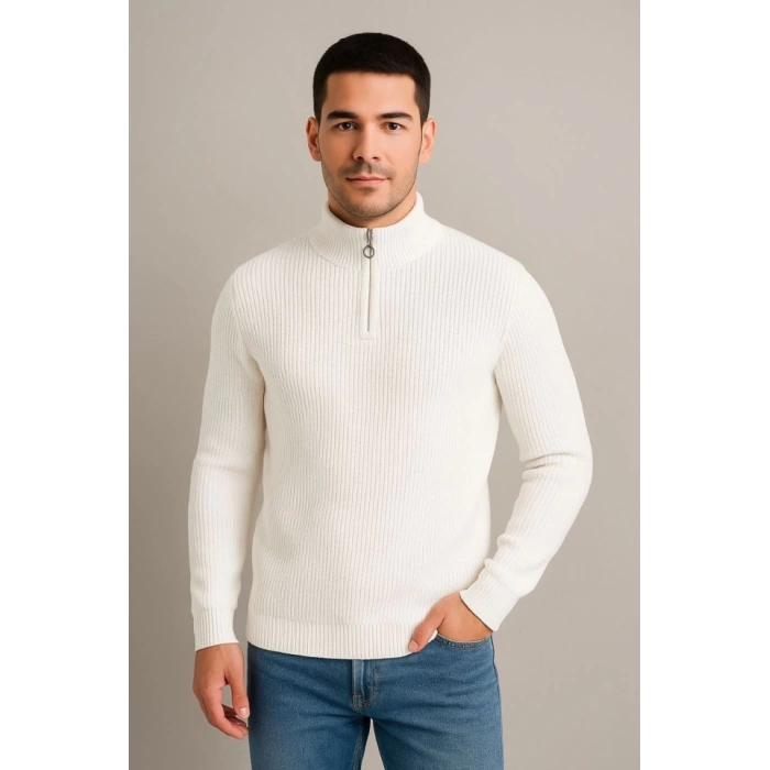 Erkek Yarım Fermuarlı Triko Kazak – Selanik Örgü, Dik Yaka, Pamuklu Dokuma, Regular Fit Uzun Kollu Kışlık Model - Beyaz