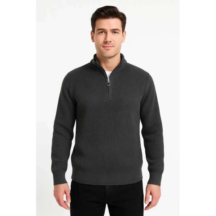 Erkek Yarım Fermuarlı Triko Kazak – Selanik Örgü, Dik Yaka, Pamuklu Dokuma, Regular Fit Uzun Kollu Kışlık Model - Füme