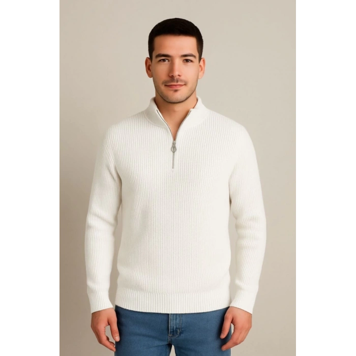 Erkek Yarım Fermuarlı Triko Kazak – Selanik Örgü, Dik Yaka, Pamuklu Dokuma, Regular Fit Uzun Kollu Kışlık Model - Beyaz