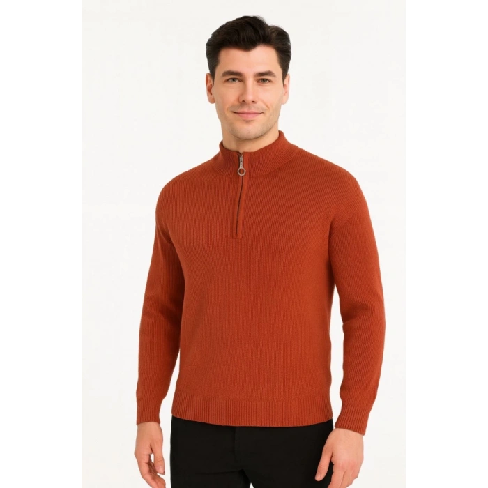 Erkek Yarım Fermuarlı Triko Kazak – Selanik Örgü, Dik Yaka, Pamuklu Dokuma, Regular Fit Uzun Kollu Kışlık Model - Kiremit