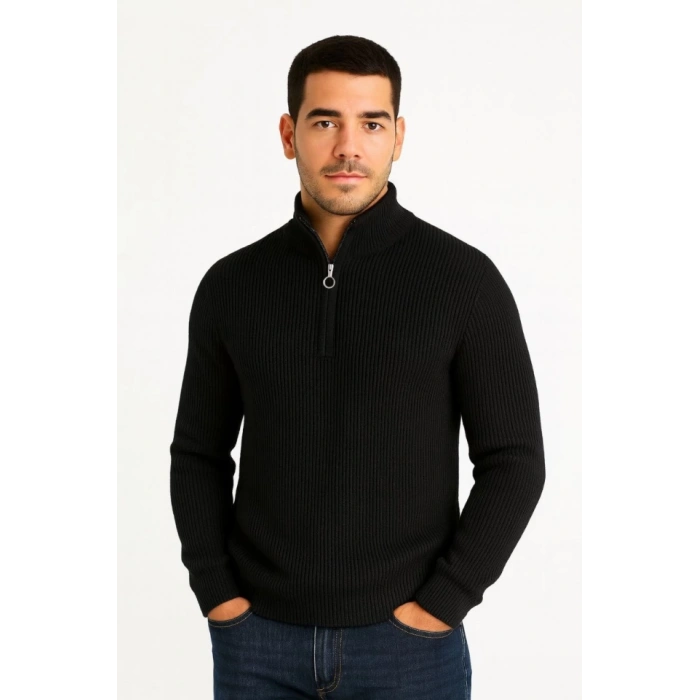 Erkek Yarım Fermuarlı Triko Kazak – Selanik Örgü, Dik Yaka, Pamuklu Dokuma, Regular Fit Uzun Kollu Kışlık Model - Siyah