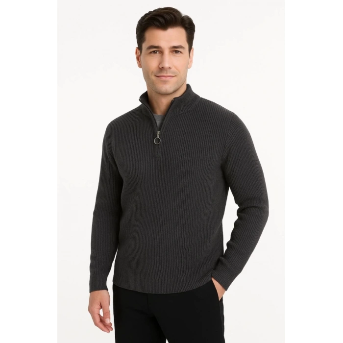 Erkek Yarım Fermuarlı Triko Kazak – Selanik Örgü, Dik Yaka, Pamuklu Dokuma, Regular Fit Uzun Kollu Kışlık Model - Füme