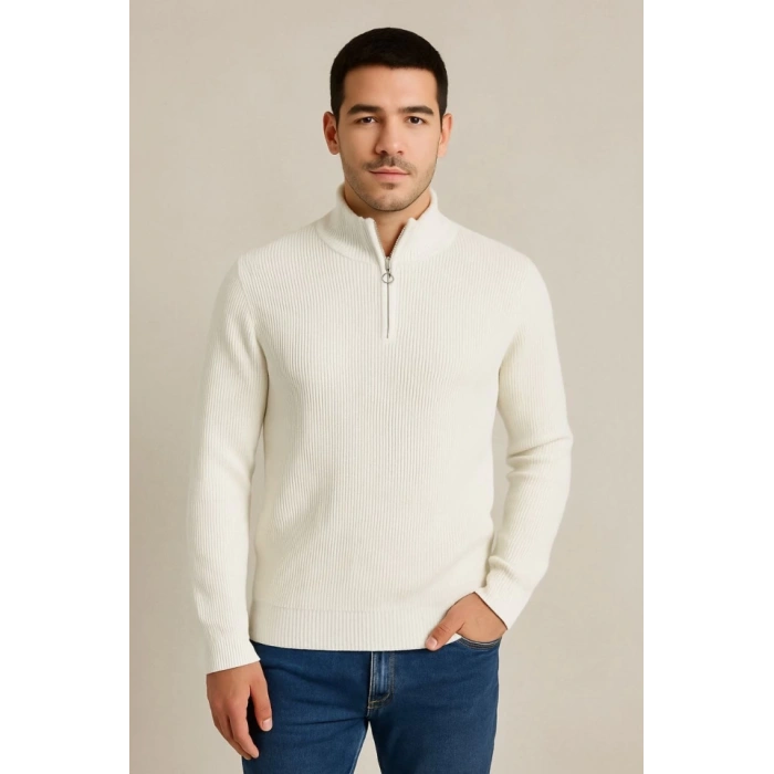 Erkek Yarım Fermuarlı Triko Kazak – Selanik Örgü, Dik Yaka, Pamuklu Dokuma, Regular Fit Uzun Kollu Kışlık Model - Beyaz