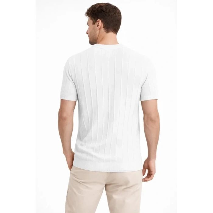 Erkek Yazlık Fitilli Triko Tişört Kısa Kol Bisiklet Yaka T-Shirt - Beyaz