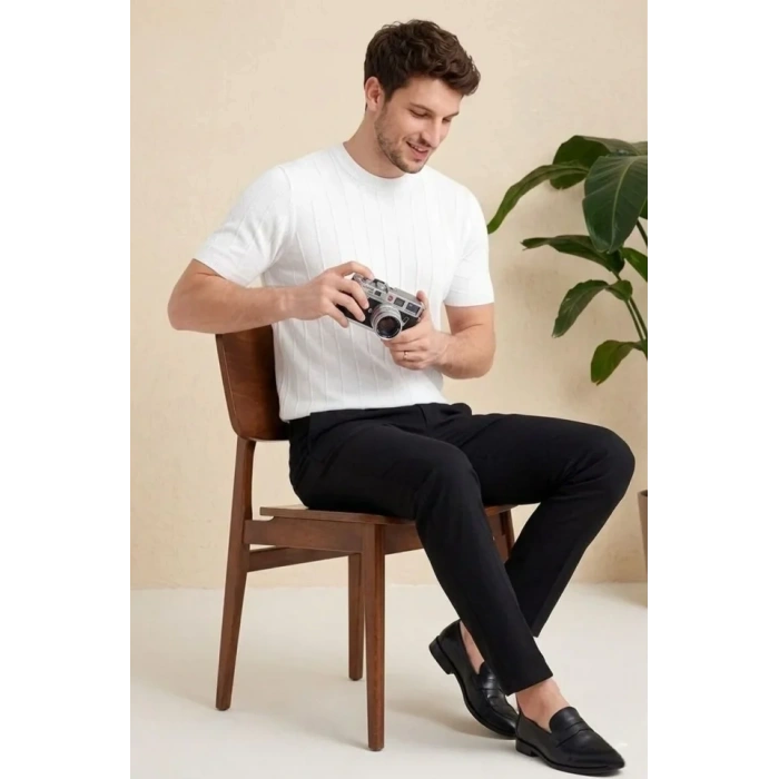 Erkek Yazlık Fitilli Triko Tişört Kısa Kol Bisiklet Yaka T-Shirt - Beyaz