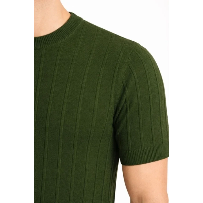 Erkek Yazlık Fitilli Triko Tişört Kısa Kol Bisiklet Yaka T-Shirt - Haki