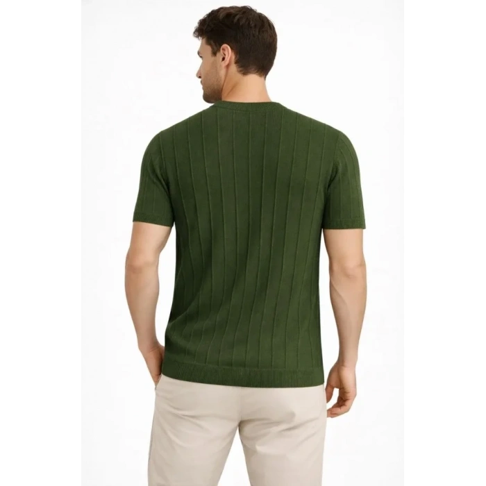 Erkek Yazlık Fitilli Triko Tişört Kısa Kol Bisiklet Yaka T-Shirt - Haki