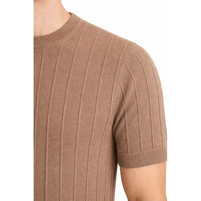 Erkek Yazlık Fitilli Triko Tişört Kısa Kol Bisiklet Yaka T-Shirt - Kahverengi