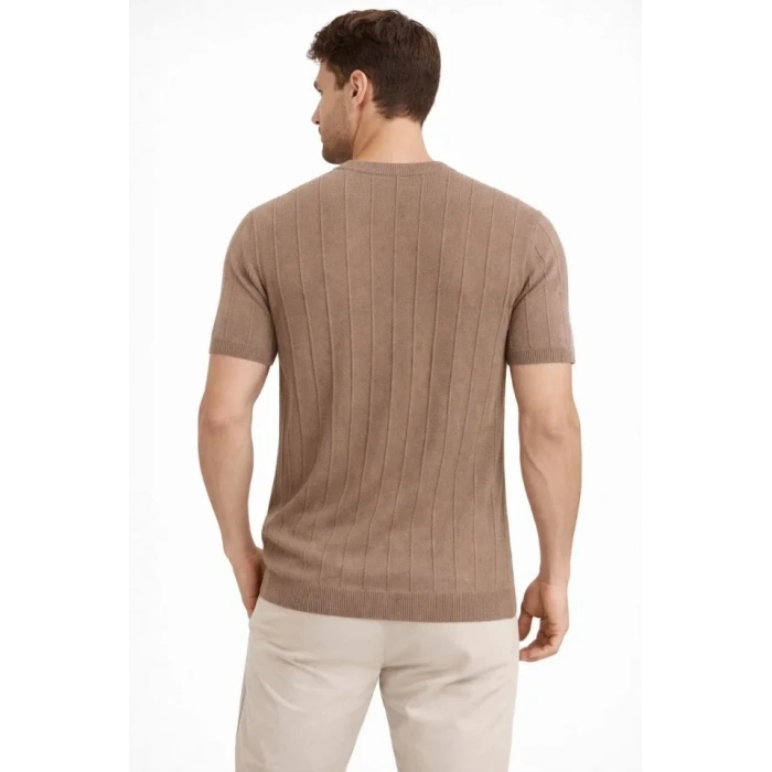 Erkek Yazlık Fitilli Triko Tişört Kısa Kol Bisiklet Yaka T-Shirt - Kahverengi