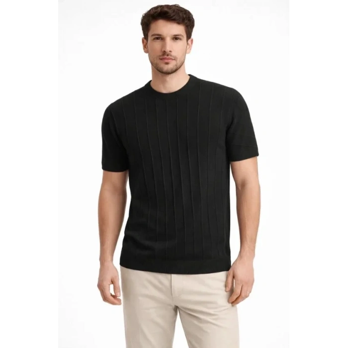 Erkek Yazlık Fitilli Triko Tişört Kısa Kol Bisiklet Yaka T-Shirt - Siyah