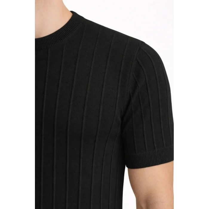 Erkek Yazlık Fitilli Triko Tişört Kısa Kol Bisiklet Yaka T-Shirt - Siyah