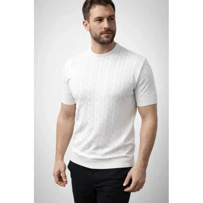 Erkek Yazlık Triko Dokuma Tişört Kısa Kol Bisiklet Yaka Örgü Desenli T-Shirt - Beyaz
