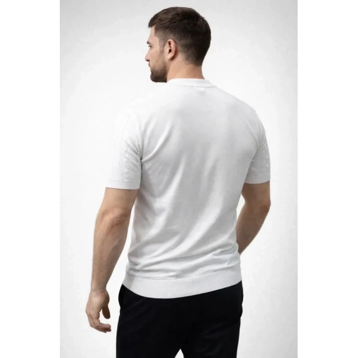 Erkek Yazlık Triko Dokuma Tişört Kısa Kol Bisiklet Yaka Örgü Desenli T-Shirt - Beyaz