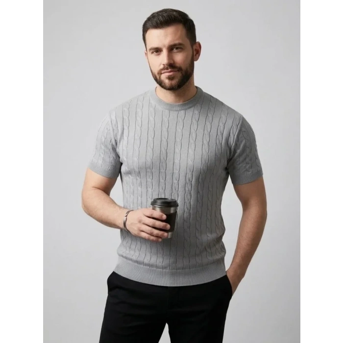Erkek Yazlık Triko Dokuma Tişört Kısa Kol Bisiklet Yaka Örgü Desenli T-Shirt - Gri