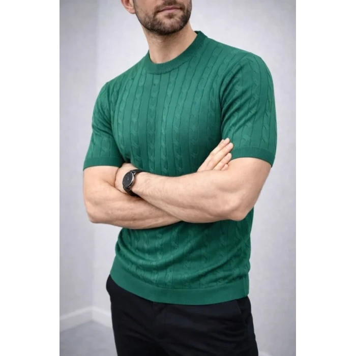 Erkek Yazlık Triko Dokuma Tişört Kısa Kol Bisiklet Yaka Örgü Desenli T-Shirt - Haki