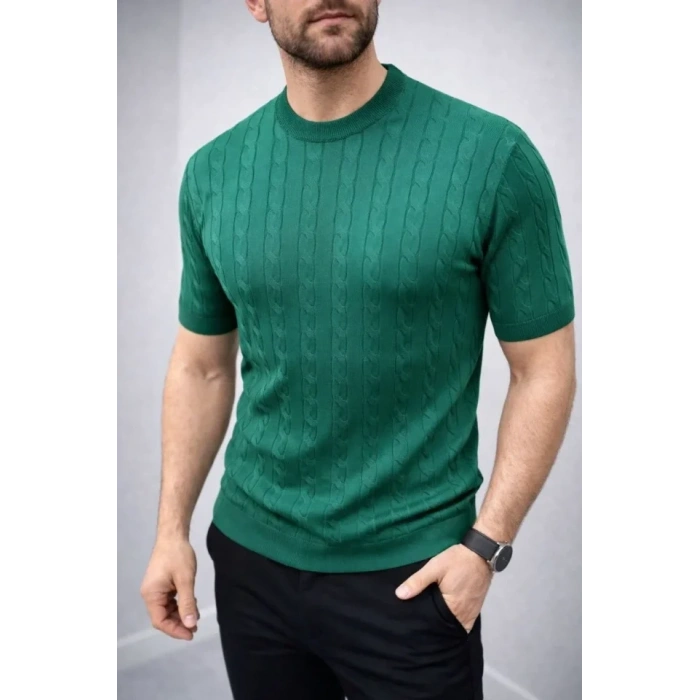 Erkek Yazlık Triko Dokuma Tişört Kısa Kol Bisiklet Yaka Örgü Desenli T-Shirt - Haki