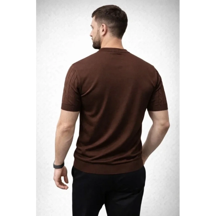 Erkek Yazlık Triko Dokuma Tişört Kısa Kol Bisiklet Yaka Örgü Desenli T-Shirt - Kahverengi