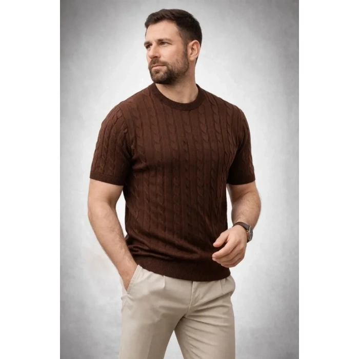 Erkek Yazlık Triko Dokuma Tişört Kısa Kol Bisiklet Yaka Örgü Desenli T-Shirt - Kahverengi