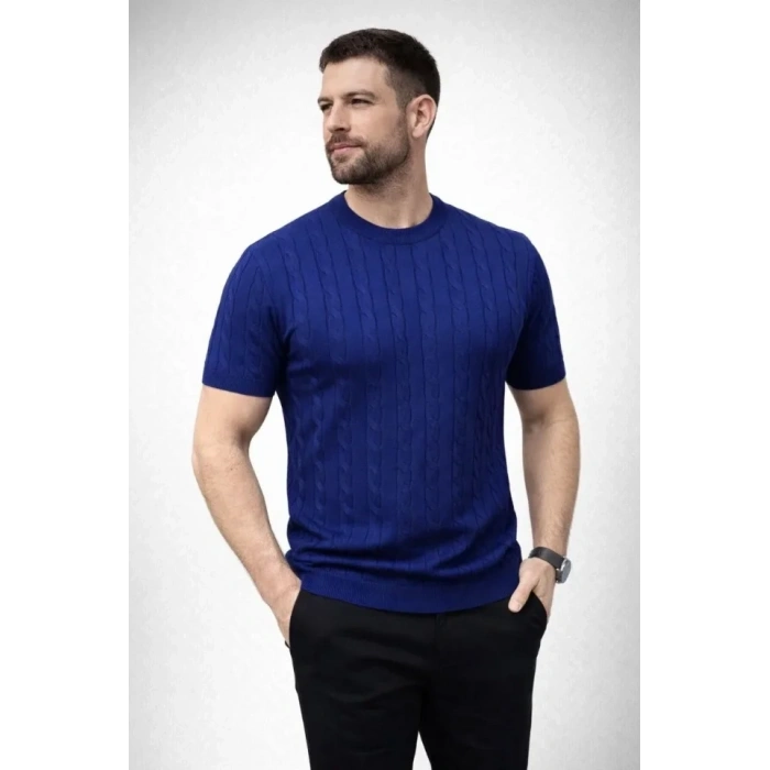 Erkek Yazlık Triko Dokuma Tişört Kısa Kol Bisiklet Yaka Örgü Desenli T-Shirt - Lacivert
