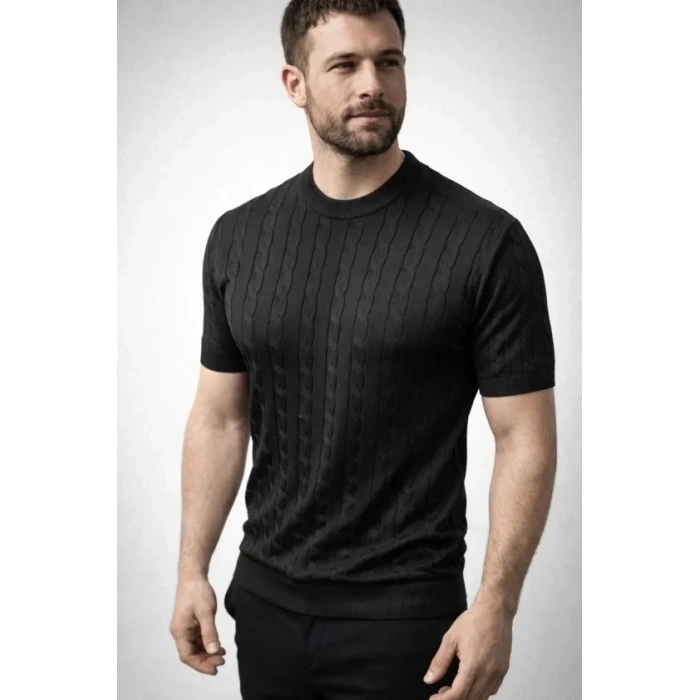 Erkek Yazlık Triko Dokuma Tişört Kısa Kol Bisiklet Yaka Örgü Desenli T-Shirt - Siyah
