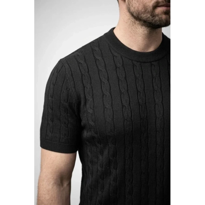 Erkek Yazlık Triko Dokuma Tişört Kısa Kol Bisiklet Yaka Örgü Desenli T-Shirt - Siyah