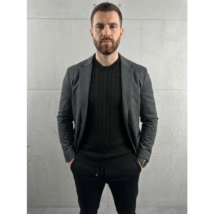 Erkek Yazlık Triko Dokuma Tişört Kısa Kol Bisiklet Yaka Örgü Desenli T-Shirt - Siyah