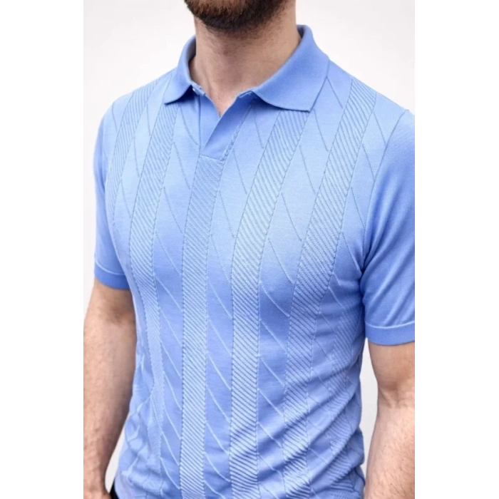 Erkek Yazlık Triko Dokuma Tişört Kısa Kol Polo Yaka T-Shirt - Bebek Mavisi