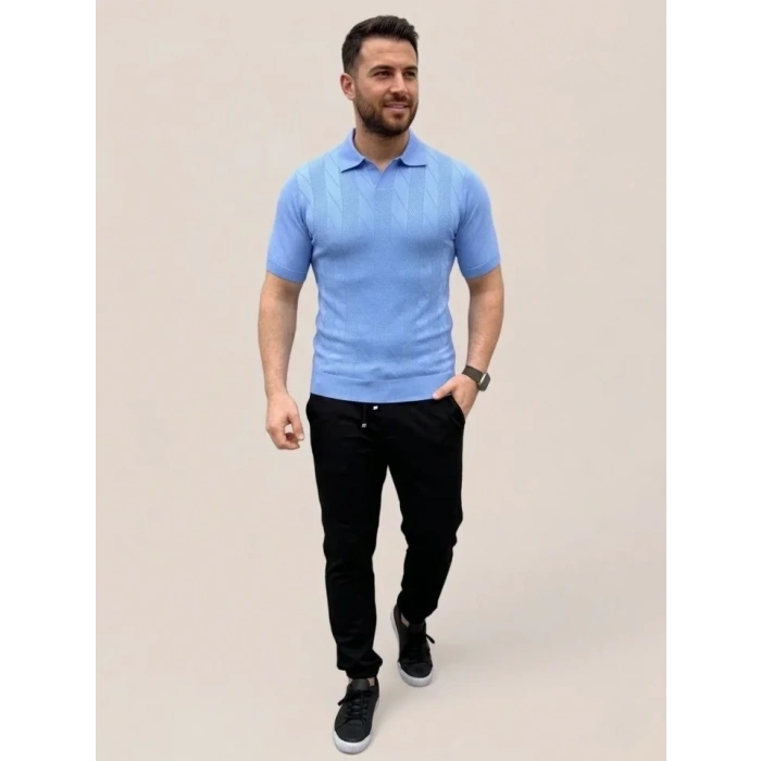 Erkek Yazlık Triko Dokuma Tişört Kısa Kol Polo Yaka T-Shirt - Bebek Mavisi