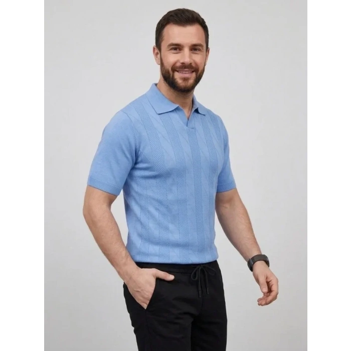 Erkek Yazlık Triko Dokuma Tişört Kısa Kol Polo Yaka T-Shirt - Bebek Mavisi