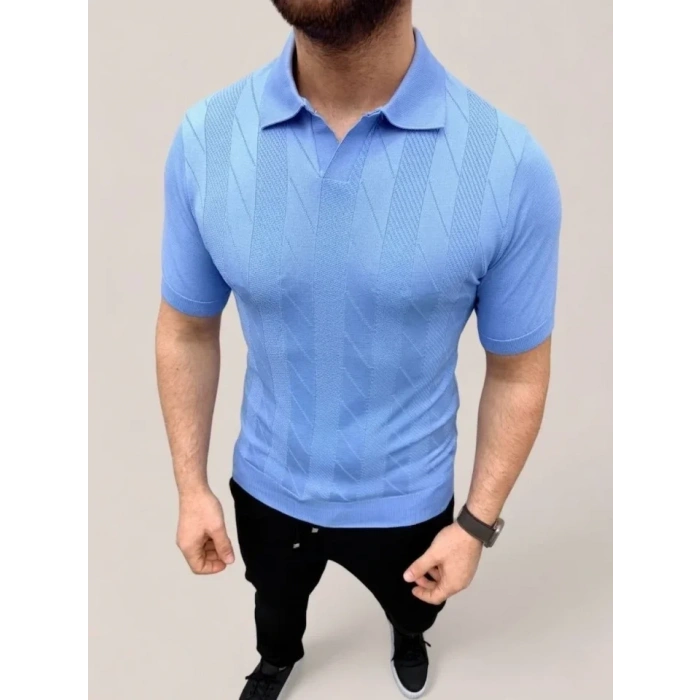 Erkek Yazlık Triko Dokuma Tişört Kısa Kol Polo Yaka T-Shirt - Bebek Mavisi