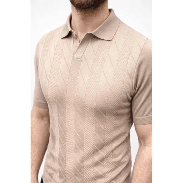 Erkek Yazlık Triko Dokuma Tişört Kısa Kol Polo Yaka T-Shirt - Bej