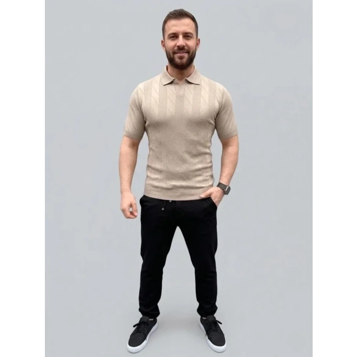 Erkek Yazlık Triko Dokuma Tişört Kısa Kol Polo Yaka T-Shirt - Bej