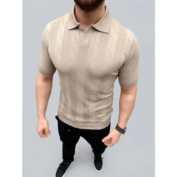 Erkek Yazlık Triko Dokuma Tişört Kısa Kol Polo Yaka T-Shirt - Bej