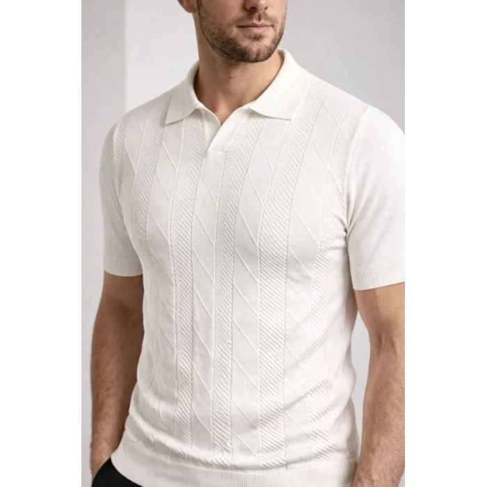 Erkek Yazlık Triko Dokuma Tişört Kısa Kol Polo Yaka T-Shirt - Beyaz