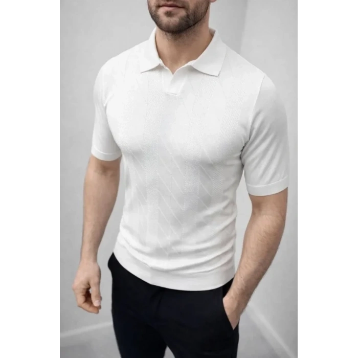 Erkek Yazlık Triko Dokuma Tişört Kısa Kol Polo Yaka T-Shirt - Beyaz