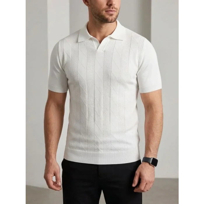 Erkek Yazlık Triko Dokuma Tişört Kısa Kol Polo Yaka T-Shirt - Beyaz