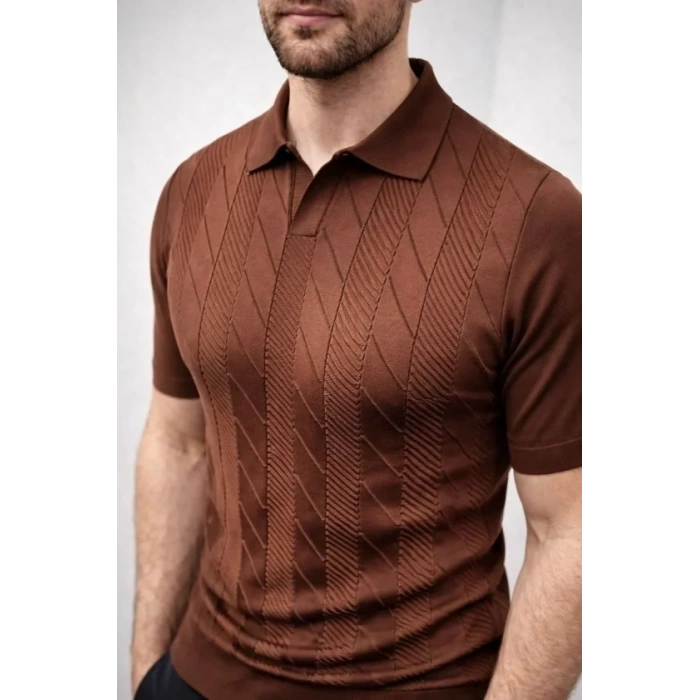 Erkek Yazlık Triko Dokuma Tişört Kısa Kol Polo Yaka T-Shirt - Kahverengi