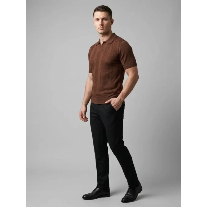 Erkek Yazlık Triko Dokuma Tişört Kısa Kol Polo Yaka T-Shirt - Kahverengi