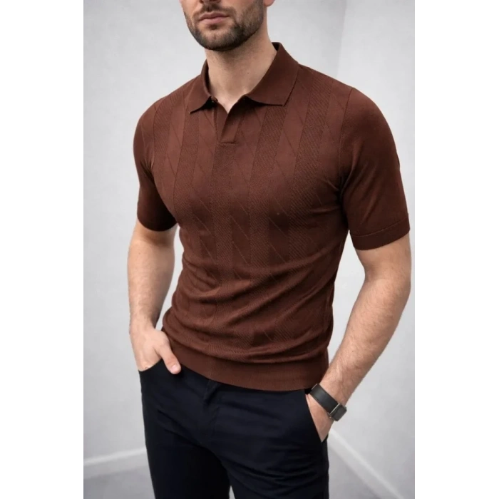 Erkek Yazlık Triko Dokuma Tişört Kısa Kol Polo Yaka T-Shirt - Kahverengi