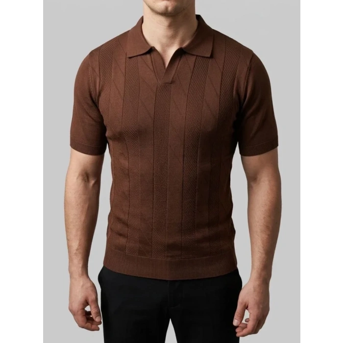 Erkek Yazlık Triko Dokuma Tişört Kısa Kol Polo Yaka T-Shirt - Kahverengi