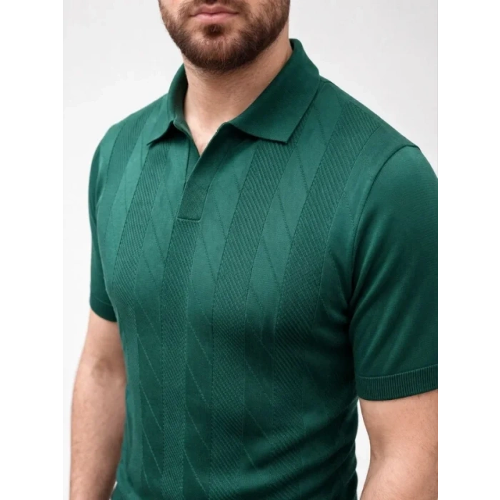 Erkek Yazlık Triko Dokuma Tişört Kısa Kol Polo Yaka T-Shirt - Koyu Yeşil