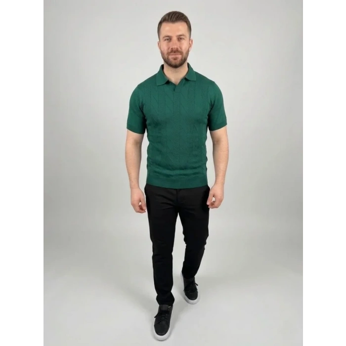 Erkek Yazlık Triko Dokuma Tişört Kısa Kol Polo Yaka T-Shirt - Koyu Yeşil