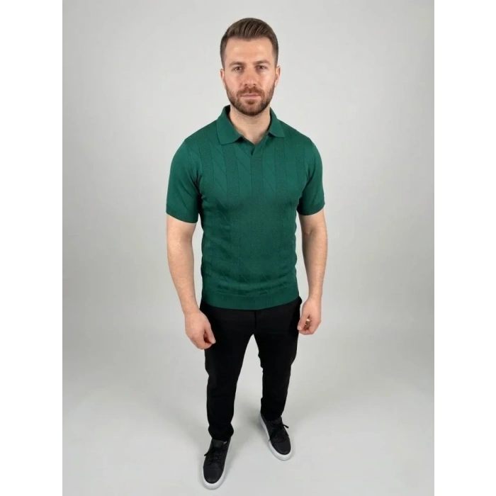 Erkek Yazlık Triko Dokuma Tişört Kısa Kol Polo Yaka T-Shirt - Koyu Yeşil
