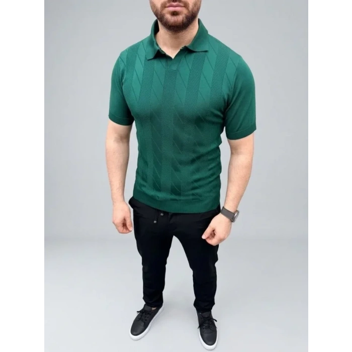 Erkek Yazlık Triko Dokuma Tişört Kısa Kol Polo Yaka T-Shirt - Koyu Yeşil