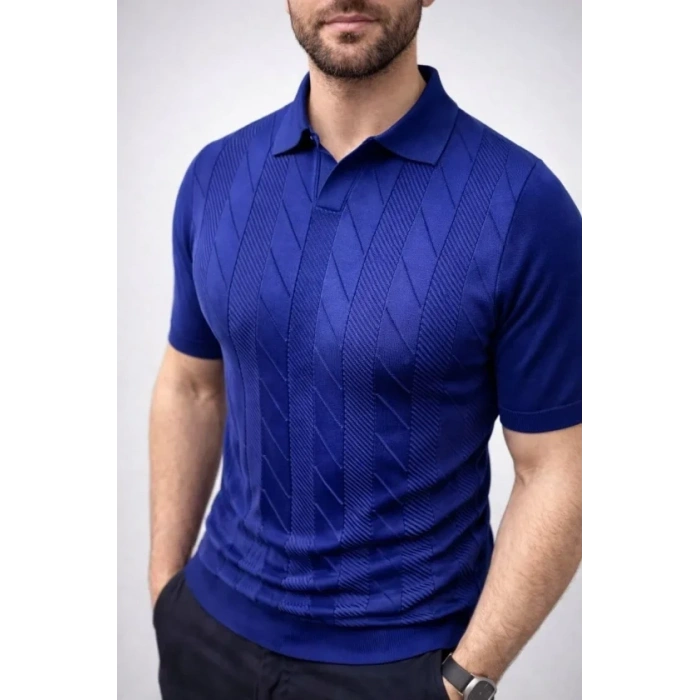 Erkek Yazlık Triko Dokuma Tişört Kısa Kol Polo Yaka T-Shirt - Lacivert