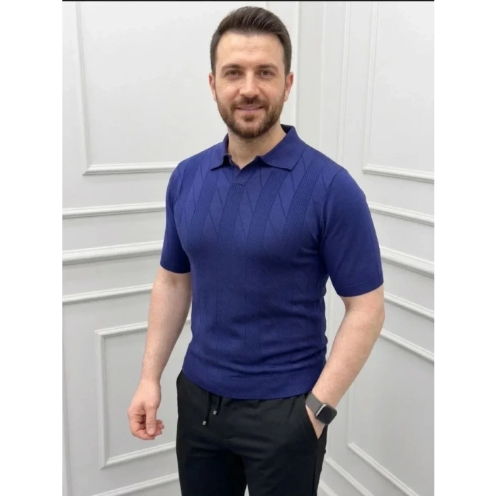 Erkek Yazlık Triko Dokuma Tişört Kısa Kol Polo Yaka T-Shirt - Lacivert