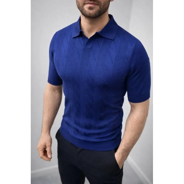 Erkek Yazlık Triko Dokuma Tişört Kısa Kol Polo Yaka T-Shirt - Lacivert