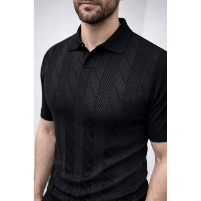 Erkek Yazlık Triko Dokuma Tişört Kısa Kol Polo Yaka T-Shirt - Siyah