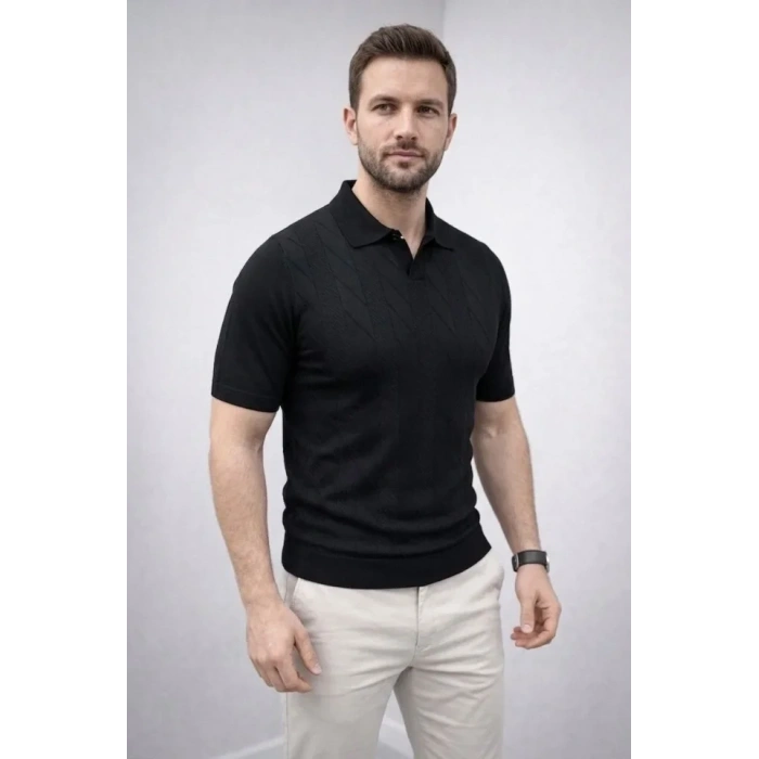 Erkek Yazlık Triko Dokuma Tişört Kısa Kol Polo Yaka T-Shirt - Siyah