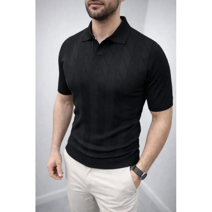 Erkek Yazlık Triko Dokuma Tişört Kısa Kol Polo Yaka T-Shirt - Siyah